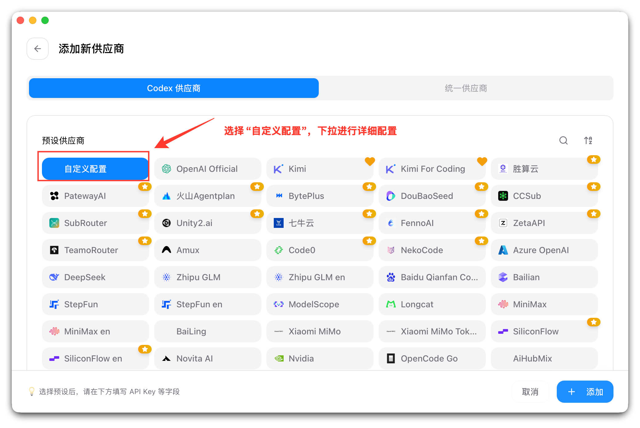CC Switch 添加供应商页面,自定义配置被标出